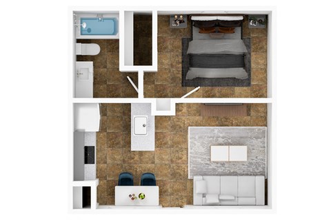 a floor plan of a bedroom with a bed and a bathroom